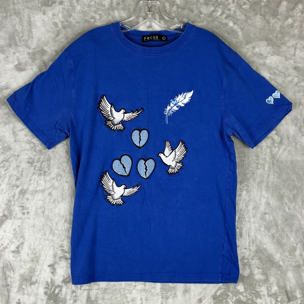 Focus Quality Wear Mens Royal Blue Dove Broken Heart Patch Graphic T-Shirt L